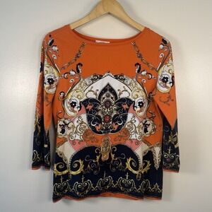 Talbots Equestrian Print Women's M‎ 3/4 Sleeves Bateau Neck Top